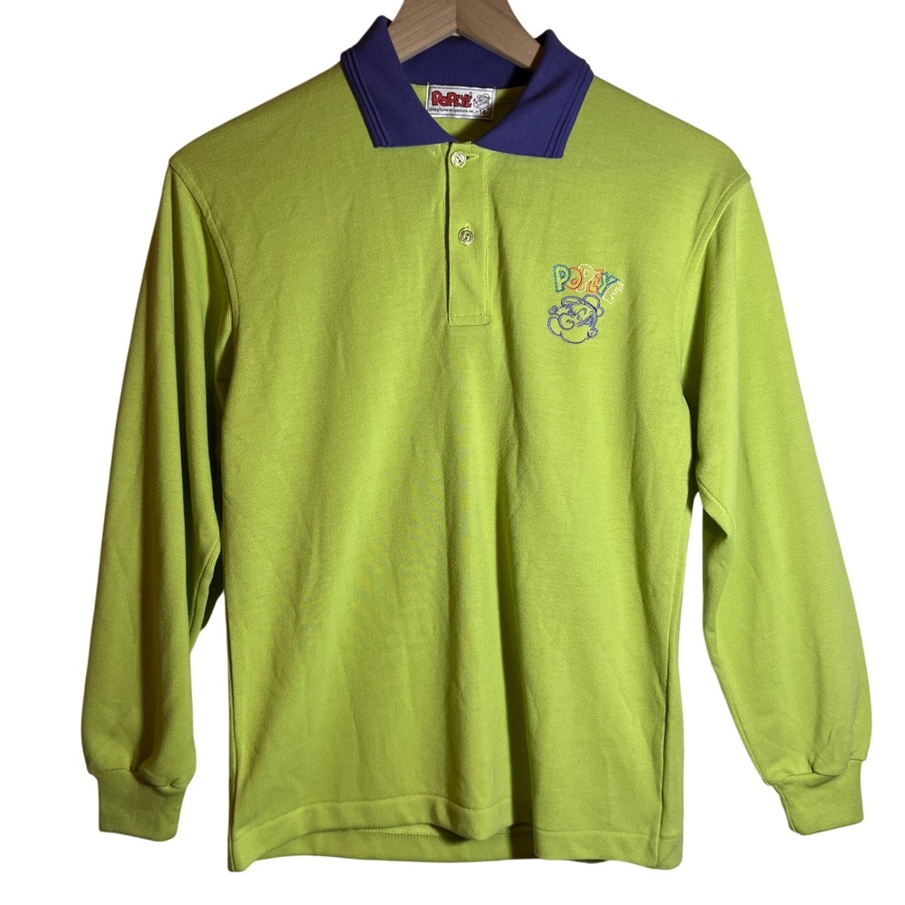 Vintage‎ Popeye Long Sleeve Polo Shirt in Lime Green Purple, Kids Size 14